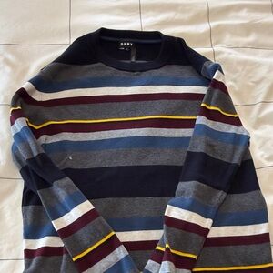 DKNY Men's Crewneck Sweater - Blue, Gray, Burgundy, Yellow Stripes